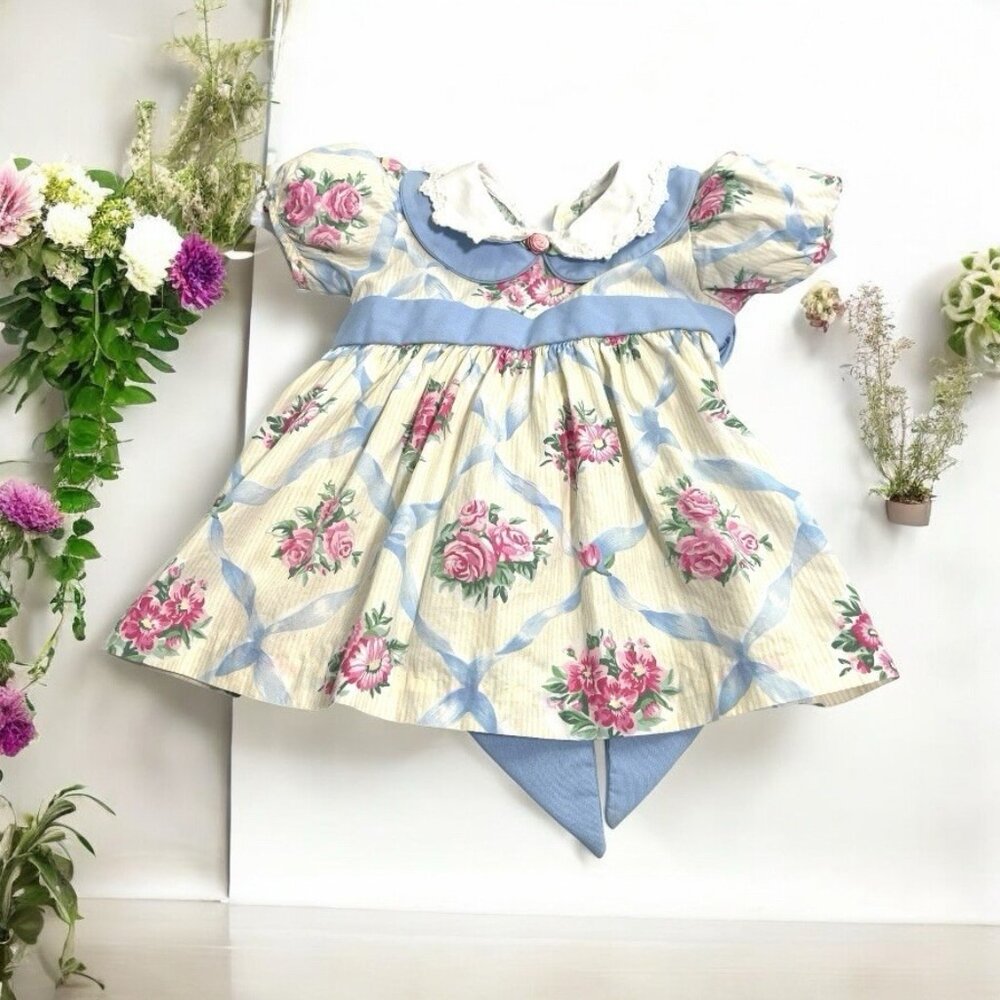 Vtg Cottage core Baby Prairie Twirl Dress Bow Collar Girl Cabbage Rose Lace Trim